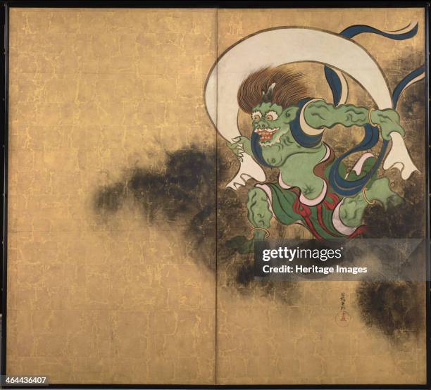 The Wind God. Right part of two-fold screens Wind God and Thunder God, Early 18th cen.. Found in the collection of the Tokyo National Museum.