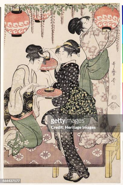 Teahouse girls under a wistaria espalier, 1795. Found in the collection of the Honolulu Academy of Arts.