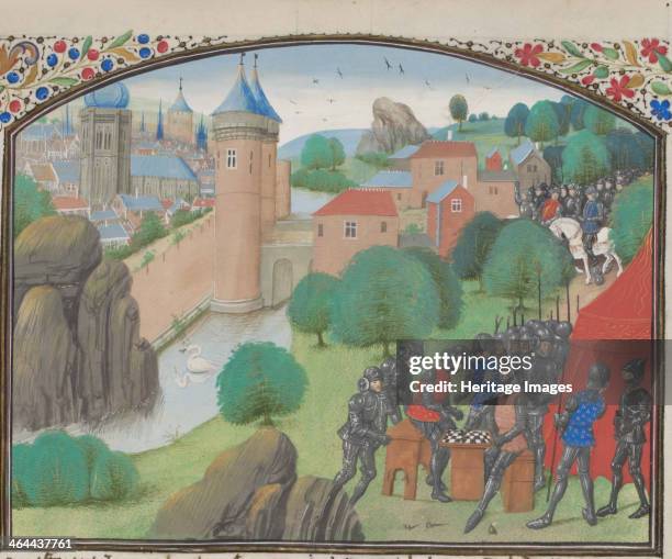 Soldiers playing dice before the city of Caesarea. Miniature from the Historia by William of Tyre, 1460s. Found in the collection of the Bibliothèque...