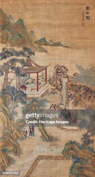 Studying scholars in a garden . From a private collection.