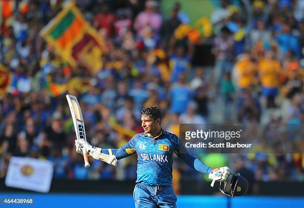 Kumar Sangakkara of Sri Lanka celebrates as he reaches his century during the 2015 ICC Cricket World Cup match between Sri Lanka and Bangladesh at...