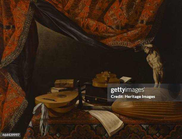 Still life with Musical Instruments, Books and Sculpture, c. 1650. Found in the collection of the Museum Boijmans Van Beuningen, Rotterdam.