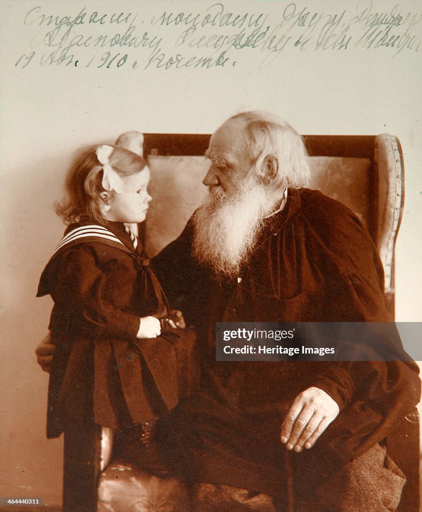 Russian author Leo Tolstoy with his granddaughter Tatiana, Yasnaya Polyana, Russia, c1910. Artist: Vladimir Grigorievich Chertkov