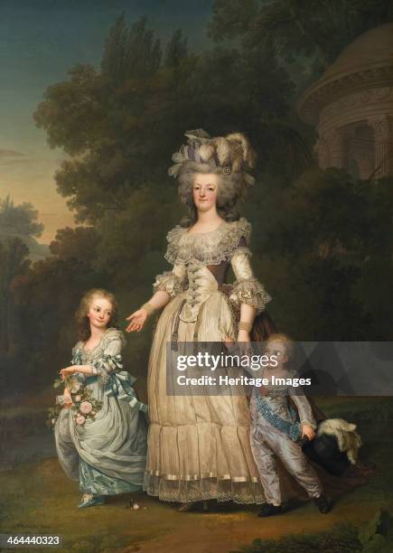 Queen Marie Antoinette of France and two of her Children Walking in The Park of Trianon, 1785. Found in the collection of the Nationalmuseum...