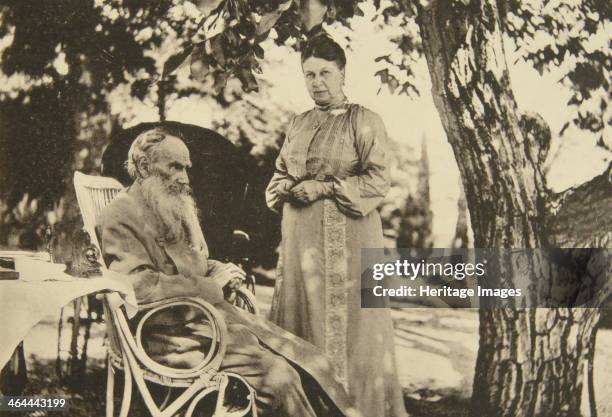 Russian author Leo Tolstoy and his wife Sophia by the Black Sea, Crimea, Russia, 1902. Tolstoy married Sophia Andreyevna Behrs in 1862. He lived in...
