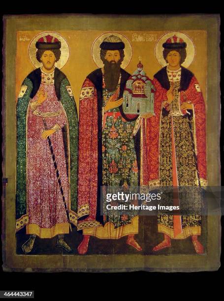 Saint Vsevolod Mstislavich, Prince of Pskov with Saints Boris and Gleb, Early 17th cen.. Found in the collection of the State Open-air Museum of...