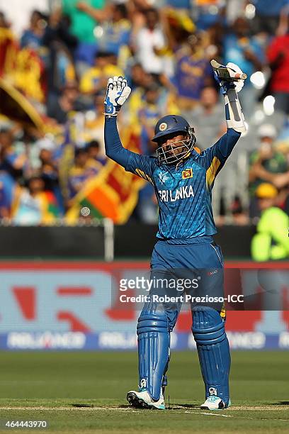 Tillakaratne Dilshan of Sri Lanka celebrates scoring his century during the 2015 ICC Cricket World Cup match between Sri Lanka and Bangladesh at...
