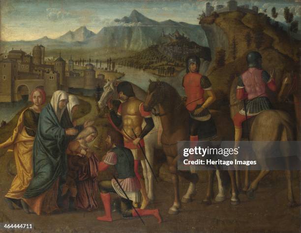 Coriolanus persuaded by his Family to spare Rome, c. 1500. Found in the collection of the National Gallery, London.