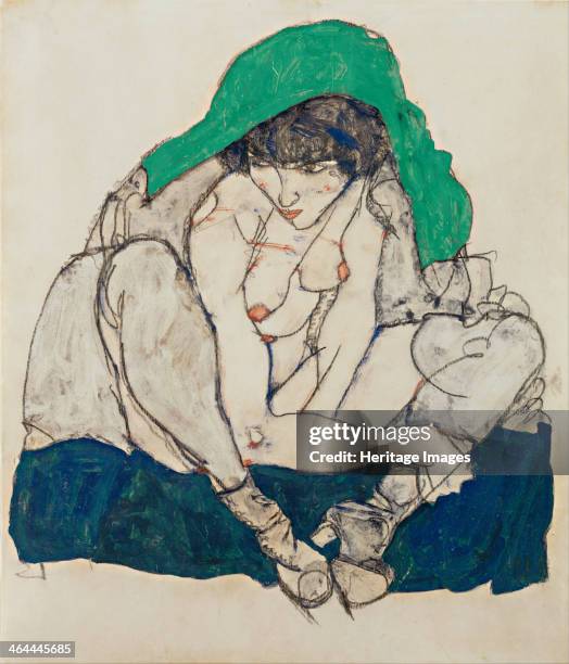 Crouching Woman with Green Headscarf, 1914. Found in the collection of the Leopold Museum, Vienna.