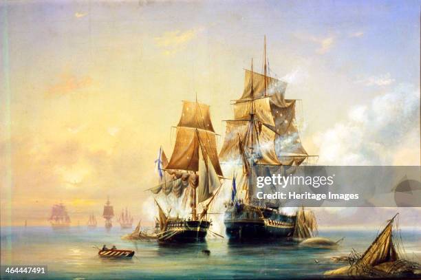 The Russian Cutter Mercury captures Swedish 40-gun frigate Venus on May 21st, 1789', 1845. Bogolyubov, Alexei Petrovich . Found in the collection of...