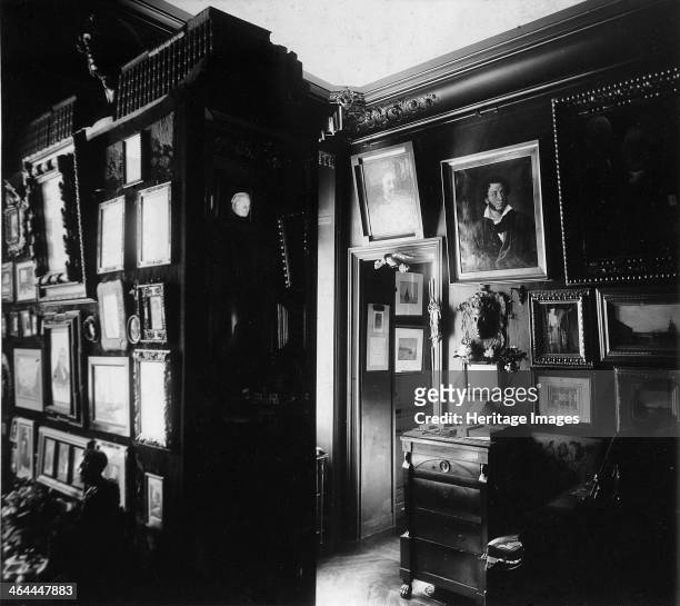 Interior of the museum of the author and historian Alexander Onegin in Paris, 1920s. Onegin accumulated a large collection of manuscripts by and...