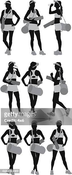 female athlete with exercise mat and gym bag - sun visor stock illustrations