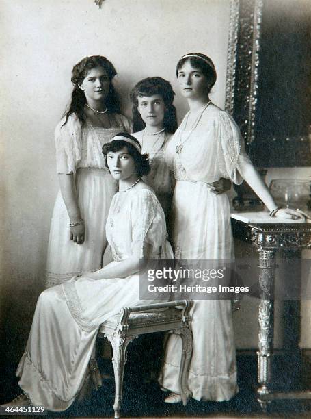 The four daughters of Tsar Nicholas II of Russia, 1910s. Grand Duchesses Olga , Tatiana , Maria and Anastasia of Russia in the sitting-room. All four...