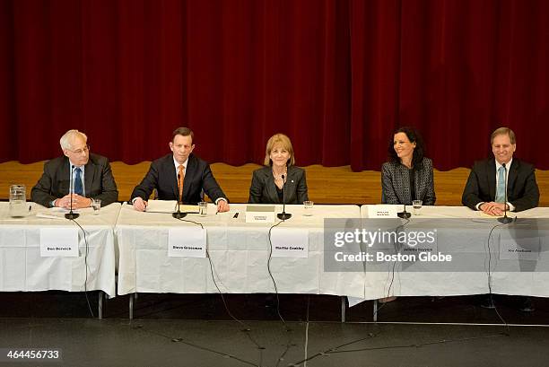 Left to right, Don Berwick, Steve Grossman, Martha Coakley, Juliette Kayyem and Joe Avellone during the first Democratic Candidates Governor...