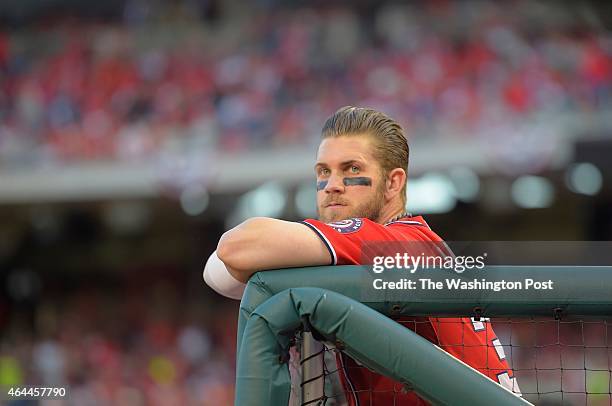 Washington left fielder Bryce Harper in the dugout as the Washington Nationals Nationals play the San Francisco Giants in game two of the NLDS...