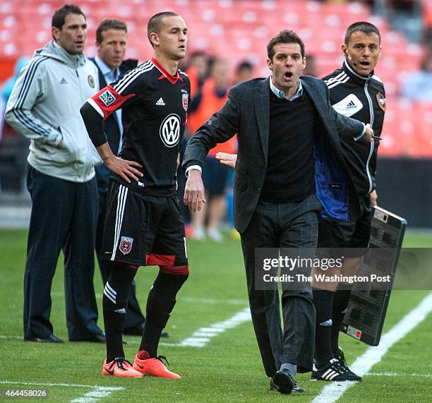 United's coach Ben Olsen reacts Sunday April 21, 2013 in Washington, DC. United lost to the Union 3-2.