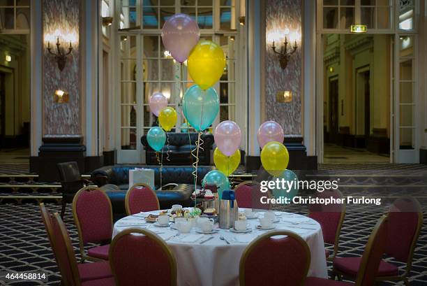 Table is laid for an afternoon tea birthday party in Liverpool's famous Adelphi Hotel on February 20, 2015 in Liverpool, United Kingdom. As the...