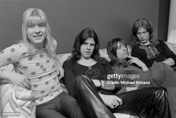 British glam rock group The Sweet, 16th January 1974. Left to right: Brian Connolly , Mick Tucker, Andy Scott and Steve Priest, .