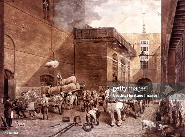 The Hour Glass Brewery, London, 1821. The courtyard of the Hour Glass Brewery in Upper Thames Street, belonging to Felix Calvert and Co. A busy scene...