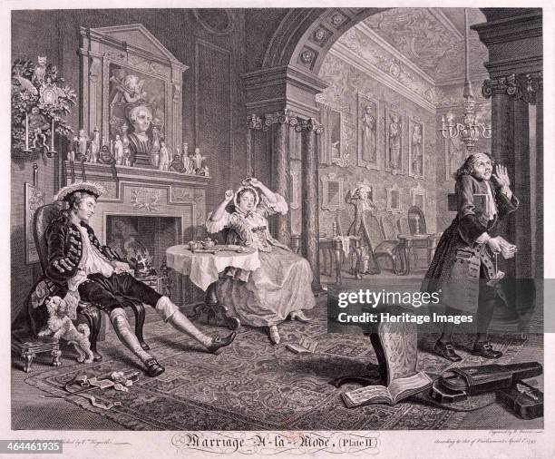 'Marriage a la Mode', 1745; plate II. The young nobleman comes home from a night of revelry at 1.20 am and ignores his wife who has been holding a...