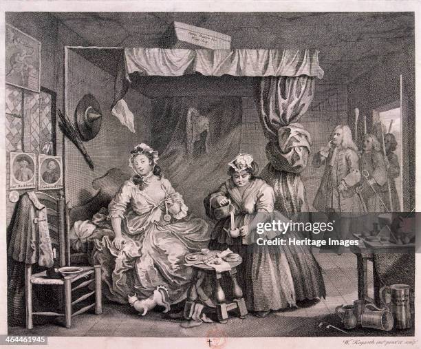 'The Compleat trull at her lodging in Drury Lane', plate III of The Harlot's Progress, 1732; the harlot's handsome young lover has cost her an easy...