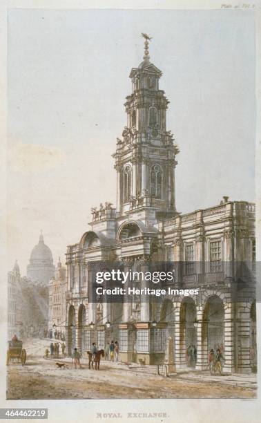 South-east view of the Royal Exchange's south front, City of London, 1812. View with figures, a coach, a horse and a water pump in the street outside.