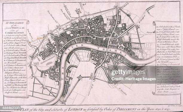 Map of London showing English Civil War Fortifications, c1642, . Plan of the City of London and surrounding area showing fortifications erected...