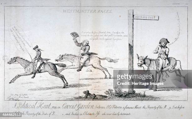 'Westminster Races...', 1784. Showing the three candidates for the Westminster constituency in the 1784 general election, Samuel Hood, Charles James...