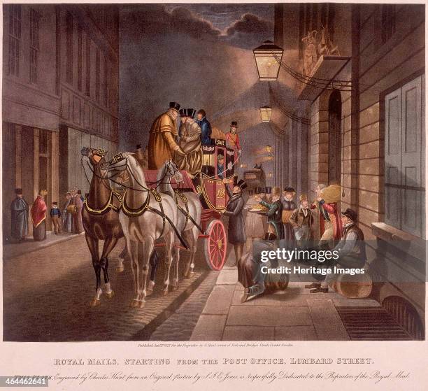 The Royal Mail beginning its journey from the General Post Office, in Lombard Street, London, 1827. With figures in the coach and on the pavement,...