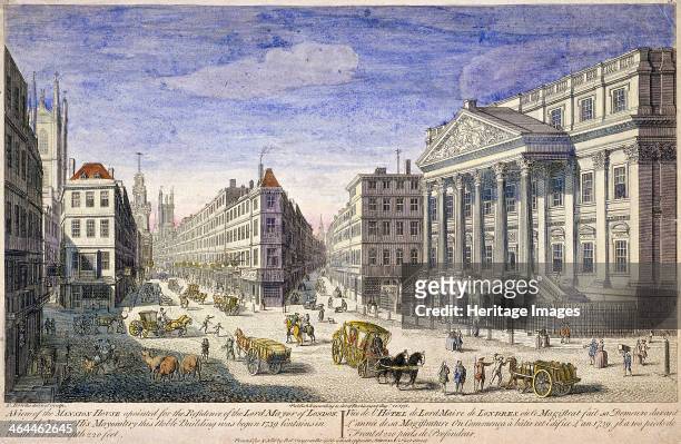 View of Mansion House, London, 1751 with Cornhill and Mansion House on the left, including figures, coaches, horses, carts and animals.