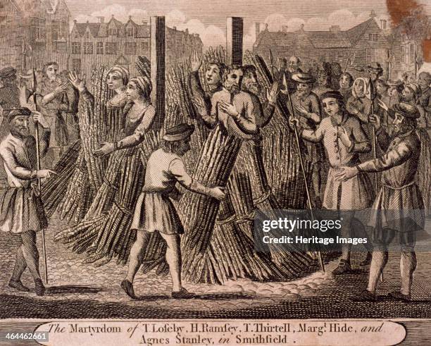 Depiction of the Protestant martyrs, West Smithfield, London, c1750. T Loseby, H Ramsey, T Thirtell, Margaret Hide and Agnes Stanley being burnt at...