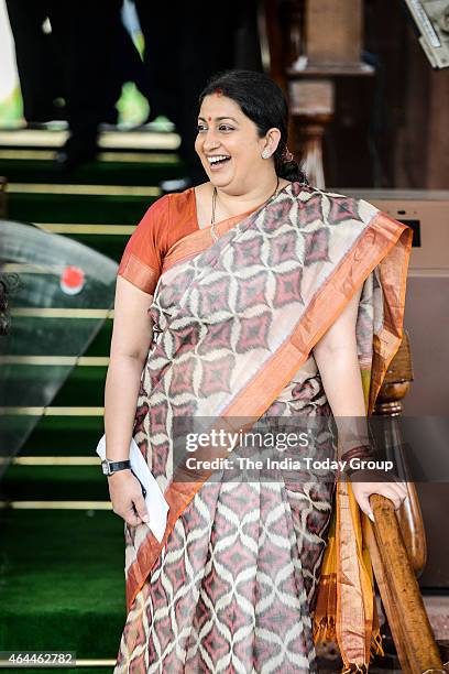 Smriti Irani entering Parliament on day 3 of the budget session on wednesday in New Delhi.