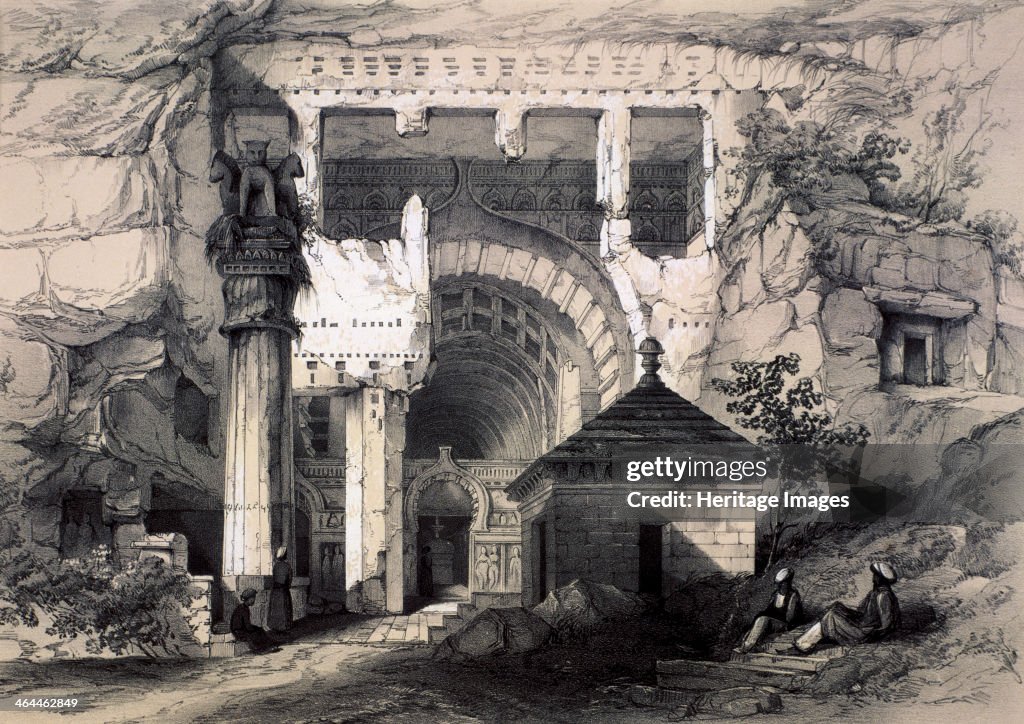 Karli, Entrance of Great Chaitya Cave, 1845. Artist: John Weale