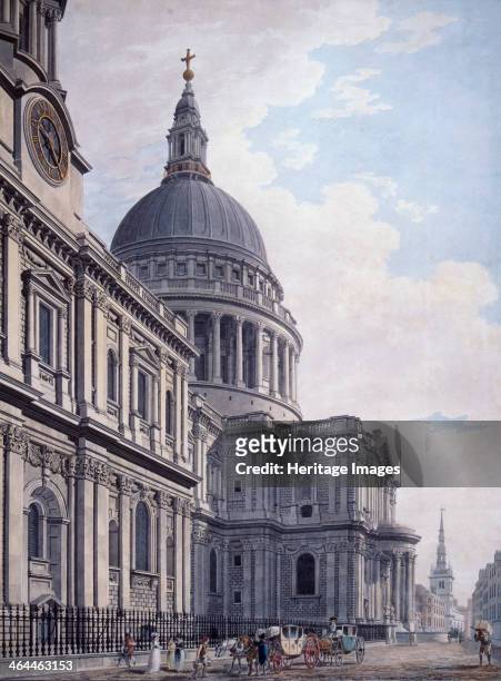 View of the south side of St Paul's Cathedral, London, 1765; with a street scene including horse drawn carriages.