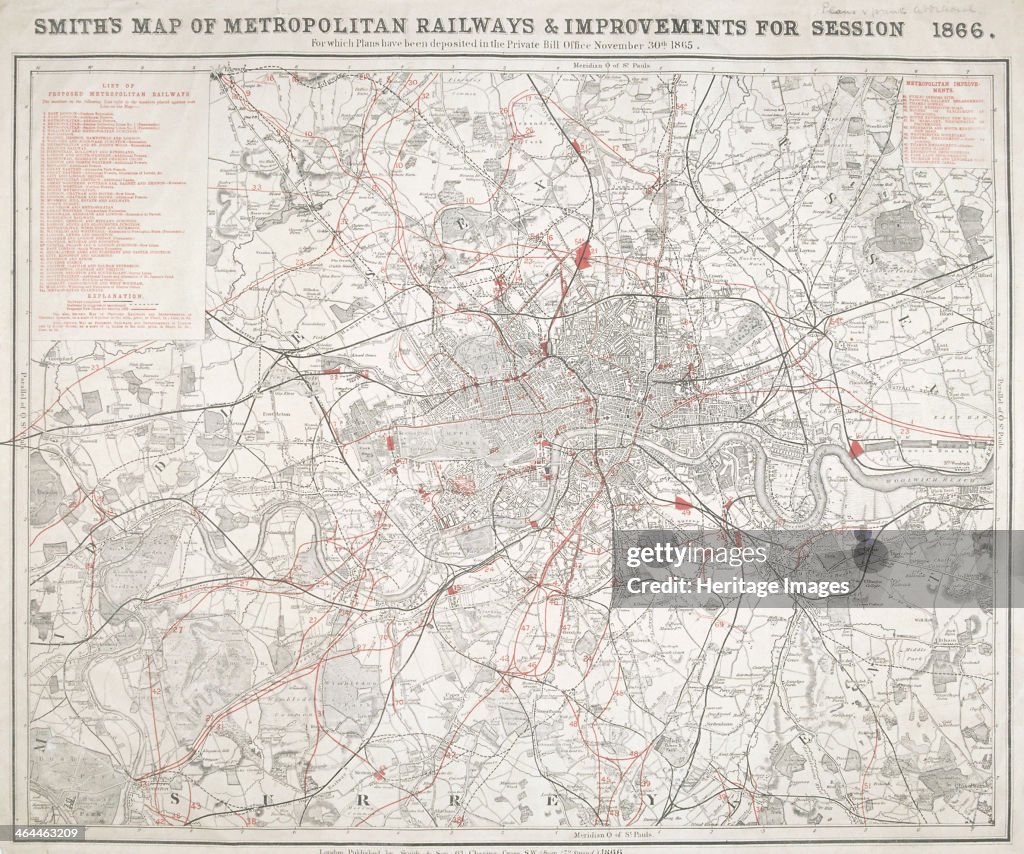 Map of Greater London showing the Metropolitan Railways and improvements in 1866. Artist: Anon