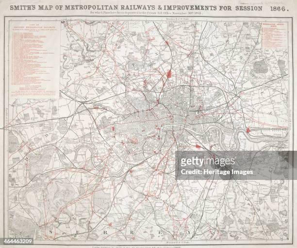 Map of Greater London showing the Metropolitan Railways and improvements in 1866. With a table inset listing the proposed lines. Completed railways...