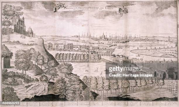 View from Greenwich Park, London, 1723. View of Greenwich, Deptford and the City of London, taken from Flamstead Hill in Greenwich Park, showing the...