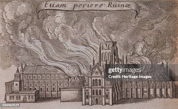 View of St Paul's Cathedral, London, burning in the Great Fire of London, 1666.