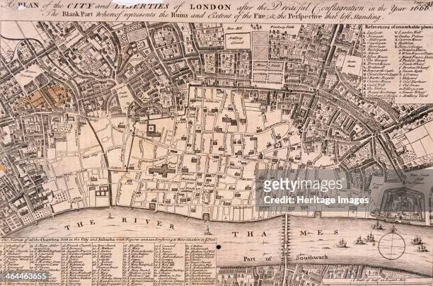 Plan of the City of London and surrounding area after the Great Fire of London in 1666.