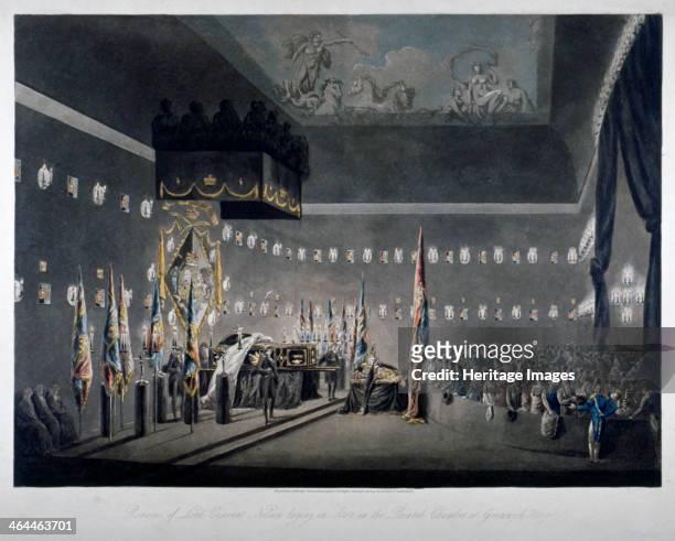 Lord Nelson lying in state in the painted chamber at Greenwich Hospital, London, 1806.