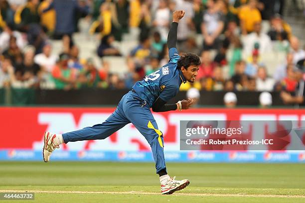 Suranga Lakmal of Sri Lanka bowls during the 2015 ICC Cricket World Cup match between Sri Lanka and Bangladesh at Melbourne Cricket Ground on...