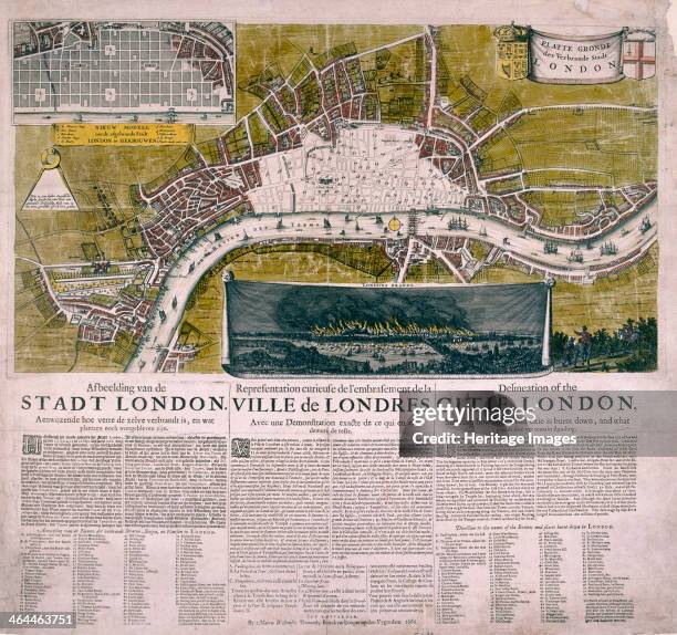 Map of London, 1666; with the title on a banner flanked by the City of London and royal arms, a numbered key in Dutch and a view of the Great Fire of...