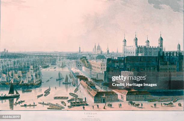 View looking west from St Katherine's Way with the Tower of London on the right and boats on the River Thames, 1804.