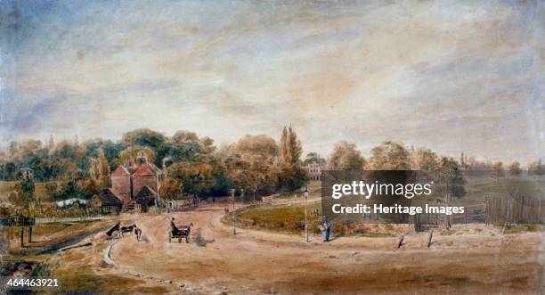 Court Lane and Lordship Lane, Dulwich, London, 1860. View showing cattle grazing and horse-drawn vehicles passing on the road.