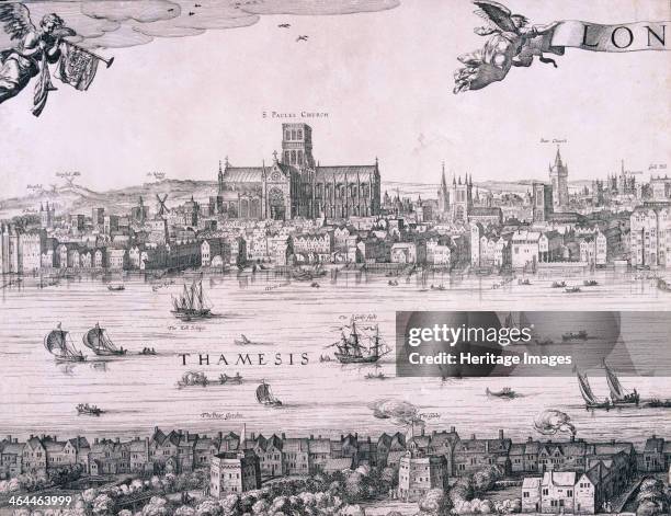 Panoramic view of London from the south bank looking across the River Thames towards St Paul's Cathedral, 1616.