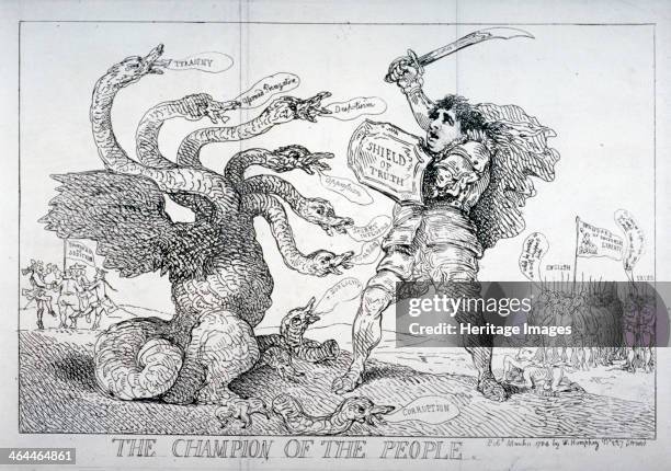 'The champion of the people', 1784. Charles James Fox attacking a many-headed monster, raising the Sword of Justice above his head. Behind him are...