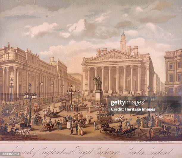 View of the Bank of England and Royal Exchange, London, 1860; with a street scene and horse drawn vehicles.