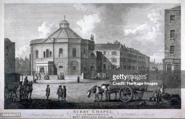Surrey Chapel, Blackfriars Road, Southwark, London, 1798. View with figures transporting cargo between the street and a horse and cart