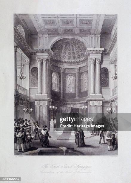 Great Synagogue, Dukes Place, London, c1850. Interior view of the Great Synagogue, showing the celebration of the Feast of Tabernacles. Men carry...