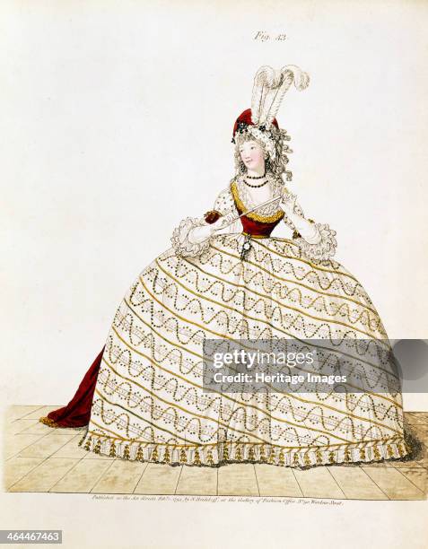 Woman in court dress, 1795. She wears a turban trimmed with dyed plumes and jet ornaments. Taken from Heideloff's Gallery of Fashion.